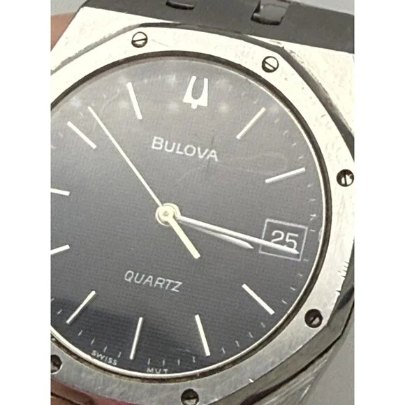 Vintage Bulova Royal Oak Men Watch 35mm Gray Waffle 1981 Date New Battery 7.75